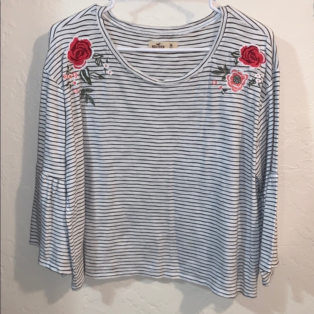 striped floral embroidered blouse